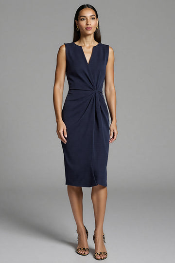 V-Neck Navy Bodycon Ruched Midi Work Dress